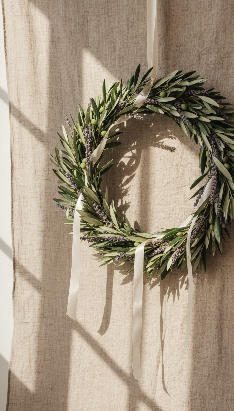 A delicate yet robust olive branch wreath, woven with sprigs of dried lavender and ivory ribbon, hangs gently against a backdrop of pale, unfinished linen. Sunlight filtered through tall windows paints a soft, ethereal wash, highlighting the textures of the foliage and casting intricate, natural patterns on the fabric. The composition uses an elevated, off-center framing that suggests quiet strength and renewal. The mood is hopeful and uplifting, portrayed through a minimalist, organic artistic approach that underlines the harmony between tradition, strength, and the nurturing spirit central to the site’s focus.