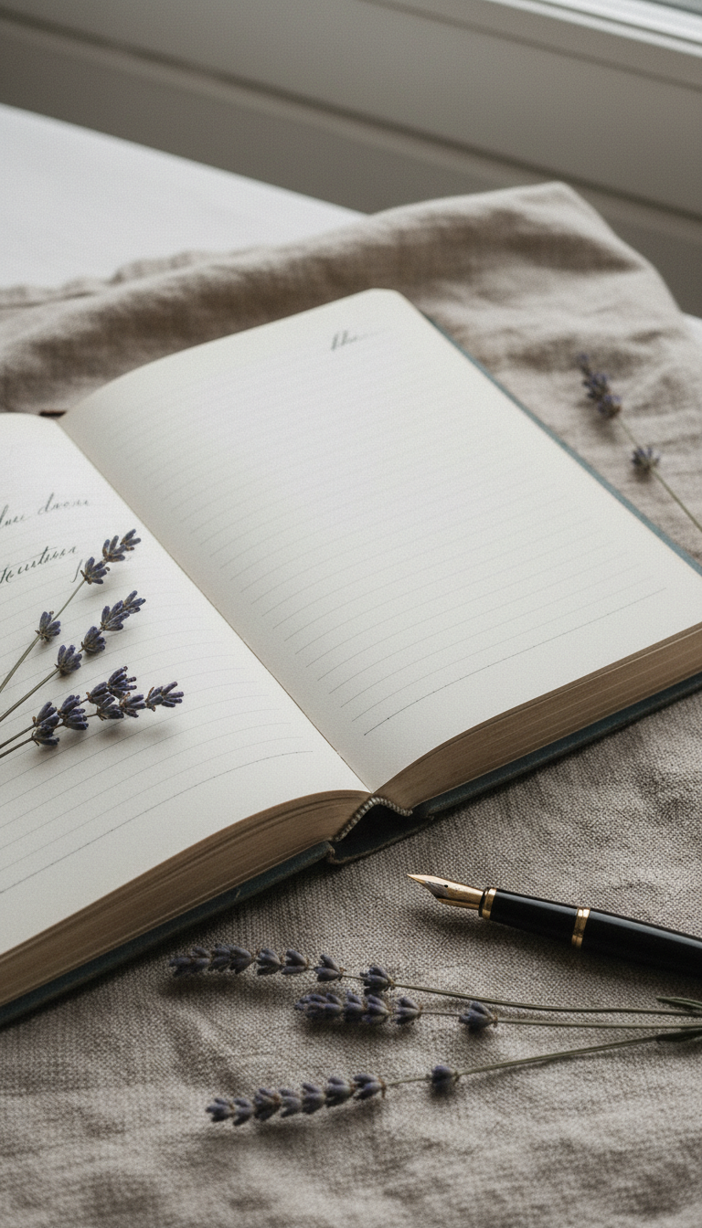 An open, weathered hardcover journal with thick, textured off-white pages lies slightly askew on a woven linen cloth. Surrounding the journal are delicate sprigs of lavender and an elegant, gold-tipped fountain pen resting nearby. Diffused overcast daylight softens the scene, creating faint shadows and subtle highlights across the paper’s surface. The composition uses the rule of thirds to draw attention to the inviting blank page, symbolizing personal reflection and honest conversation. The image feels peaceful and timeless, with a minimalist yet warm, inviting aesthetic that mirrors the encouragement and openness meant for women and mothers.
