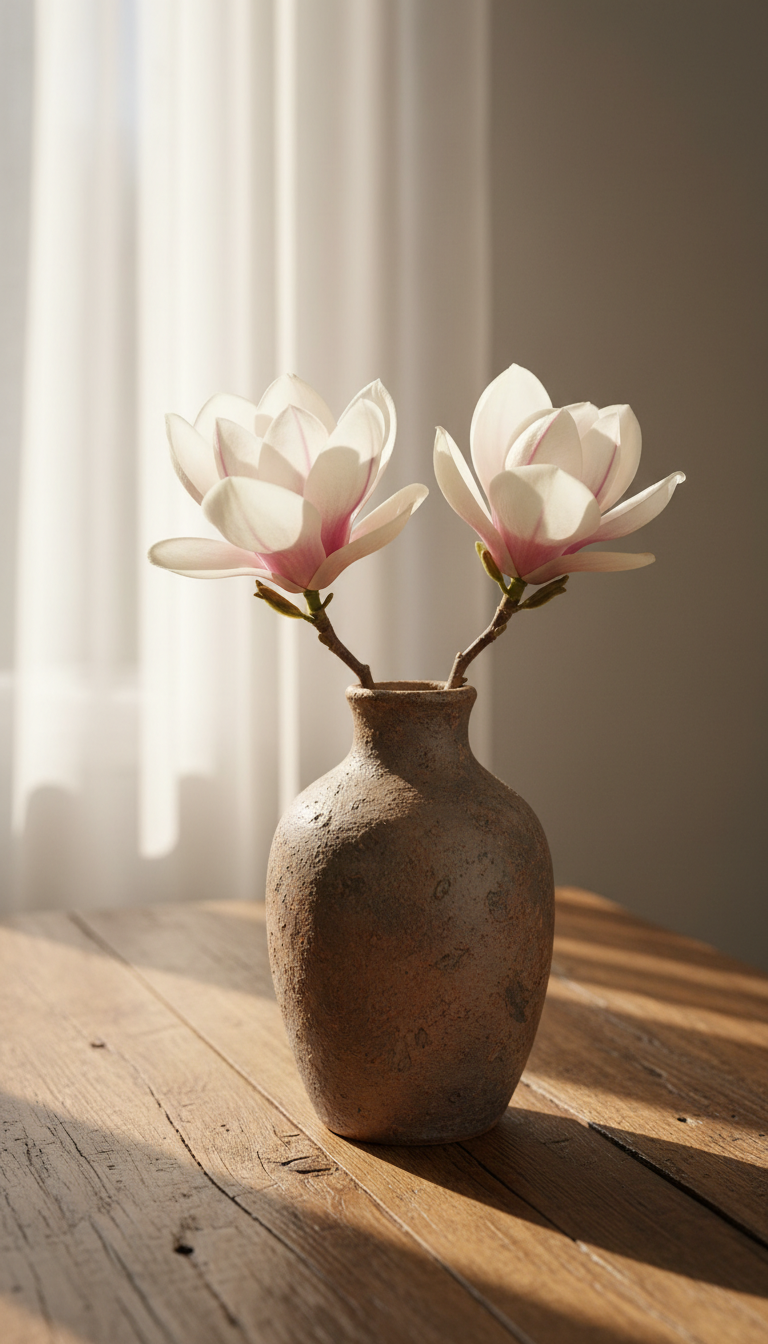 A sturdy, hand-thrown clay vase with a matte, earthy glaze holds a single blooming magnolia branch, its petals a creamy white with subtle pink blush. The vase rests atop a reclaimed wooden table marked by visible grain and natural imperfections. Morning light pours in through a sheer curtain, bathing the scene in a soft, tranquil glow and casting gentle, organic shadows. The mood is calm and contemplative, signifying inner strength and natural beauty. Composed at eye-level with a shallow depth of field, the background is gently blurred, highlighting the vase and magnolia as symbols of grace and resilience. The style is clean, modern minimalism with a touch of rustic warmth, aligning with the dignity and grounded purpose of the site.