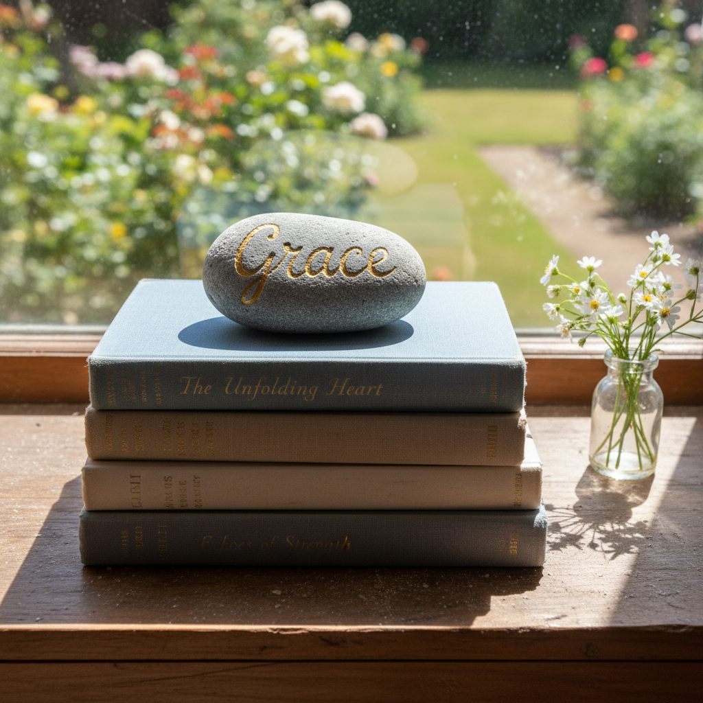 A smooth river stone with hand-engraved gold lettering spelling 'Grace' rests atop a stack of vintage, cloth-bound books in serene, dusty hues of blue and taupe. The books sit on a wooden windowsill, overlooking a lush garden blurred softly beyond the glass. Subtle midday light floods the sill, lending crisp clarity and gentle shadows, while a small cluster of white wildflowers adds a touch of gentle contrast nearby. The camera is positioned at a slight angle from above, creating an intimate, contemplative composition. The style is simple and heartfelt, visually supporting the site’s message of faith, resilience, and the stories women and mothers carry.