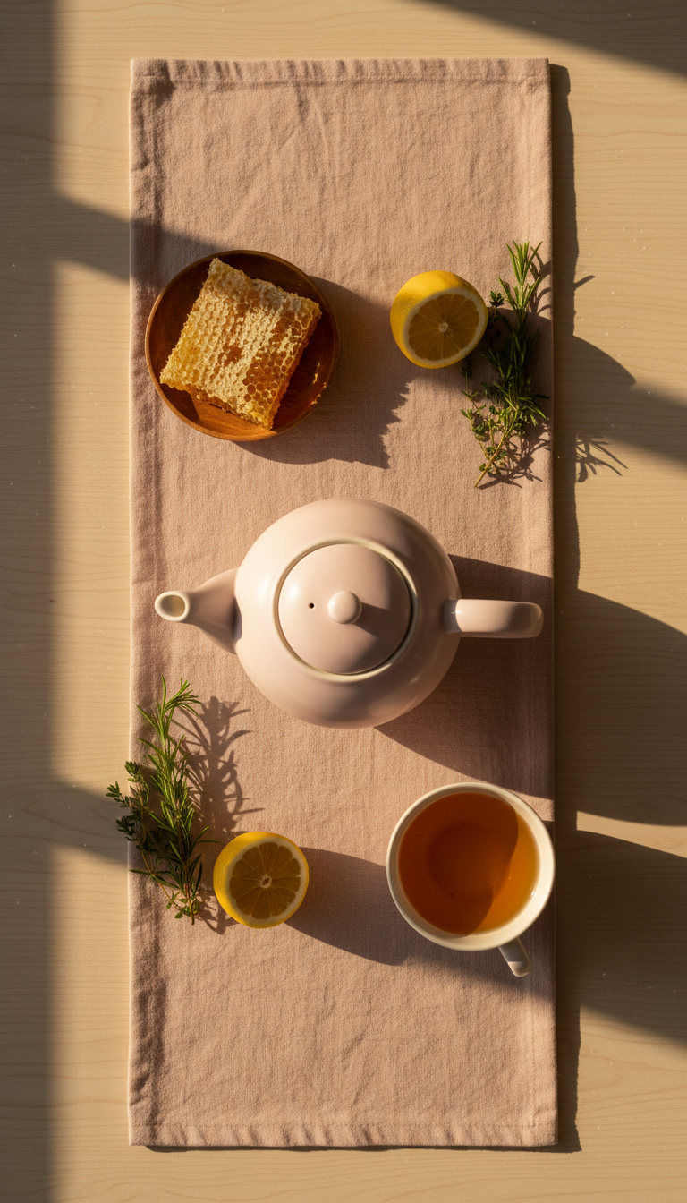 A graceful porcelain teapot with a subtle pale pastel glaze sits atop a soft cotton table runner in muted blush. Nearby, an arrangement of organic honeycomb, fresh lemon wedges, and a sprig of wild herbs display next to a matching teacup. Golden hour light streams through an adjacent window, lending a gentle warmth and delicate long shadows to the serene scene. The overhead composition uses natural symmetry, emphasizing connection and shared moments. The overall mood is nurturing and inviting, captured in a clean, modern style that embodies gentle hospitality and the comfort found in spiritual and maternal community.