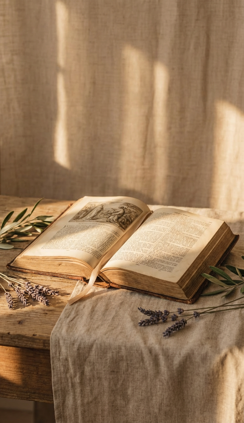 Open antique book on a linen-covered table with lavender sprigs in golden sunlight.